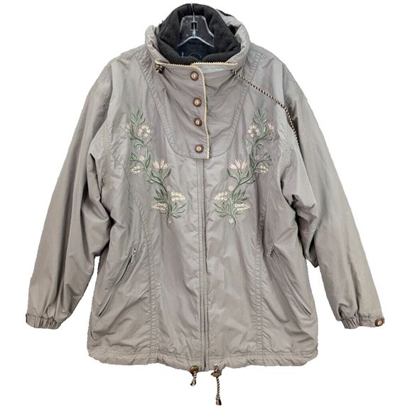 Bogner Ski Jacket Womens 12 Beige Floral Embroidery Hidden Hood Full Zip Vintage - Picture 1 of 16